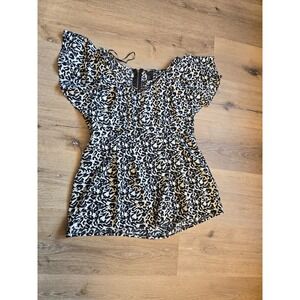 HM Leopard Print Flutter Sleeve Zip Front Top Black White US 12